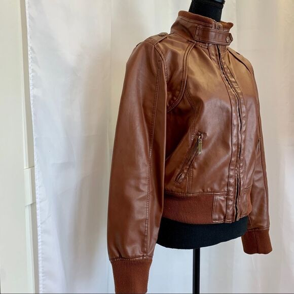 DOLLHOUSE Brown faux leather vegan high neck Moto jacket Sz L - Picture 3 of 11